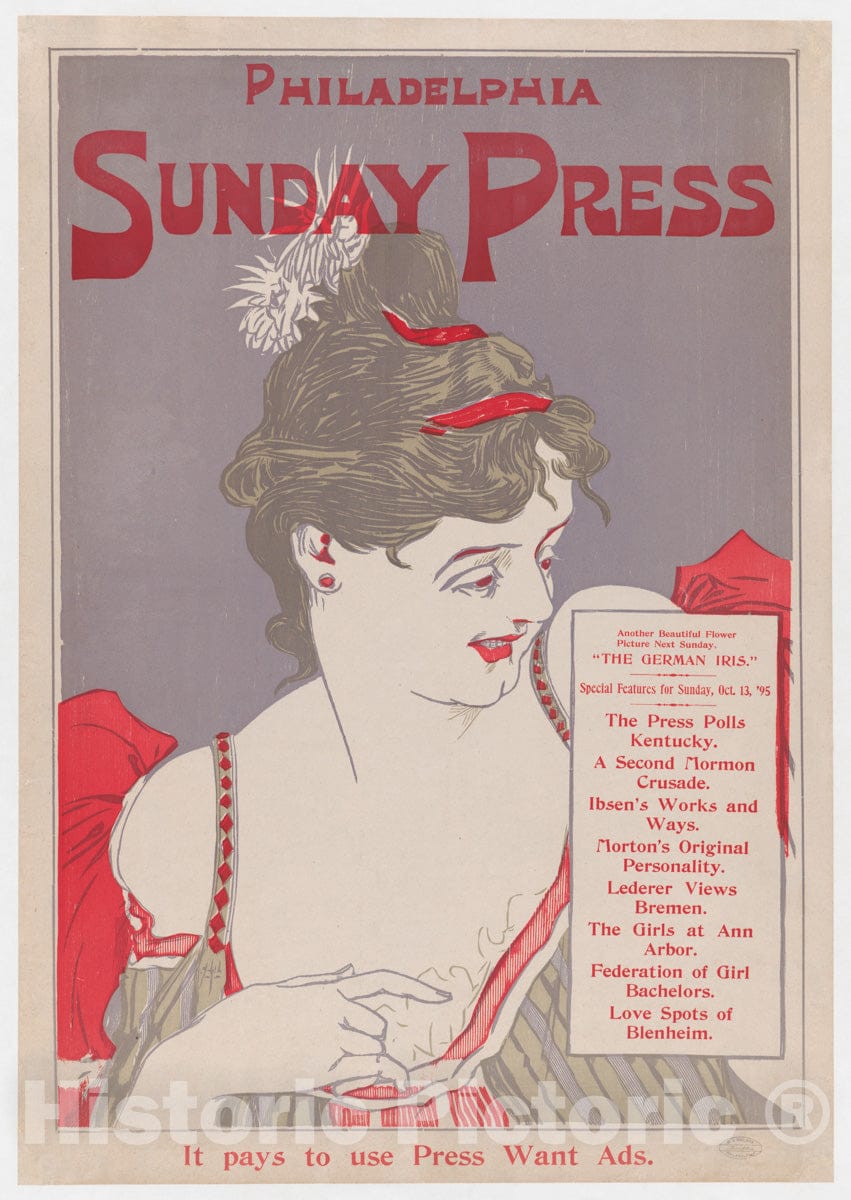Art Print : George Reiter Brill - Advertisement for Philadelphia Sunday Press: Oct. 13, 1895 : Vintage Wall Art