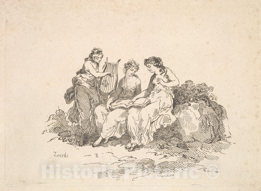 Art Print : Thomas Rowlandson - Harmony – Two Nymphs Singing, Another Playing a Lyre : Vintage Wall Art