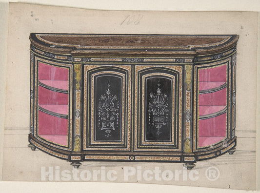 Art Print : British, 19th Century - Cabinet Design with Black Doors and Red Interior : Vintage Wall Art