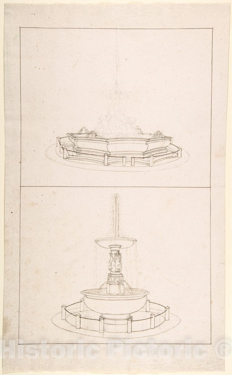 Art Print : Italian, 18th to 19th Century - Studies for Two Large Fountains : Vintage Wall Art