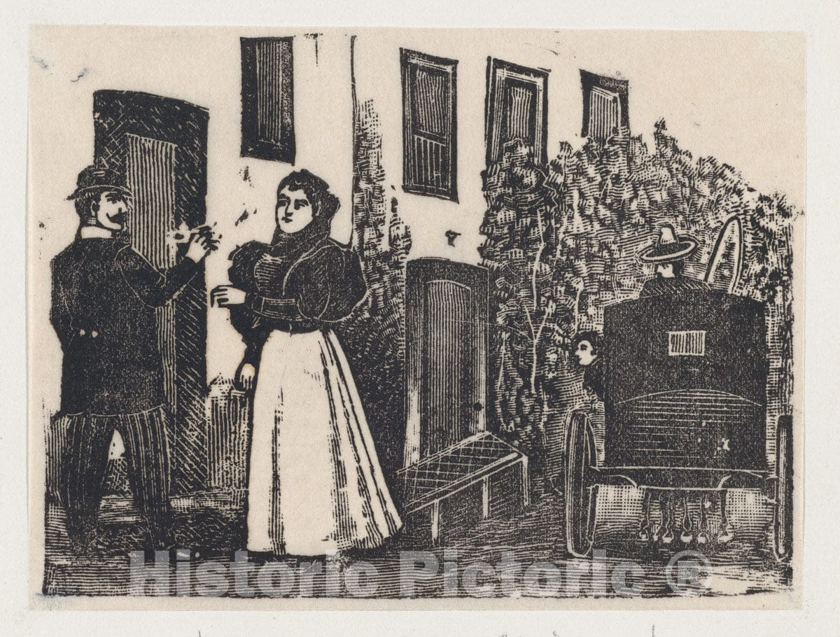 Art Print : José Guadalupe Posada - A Middle-Class Couple Outside a House with a Waiting Coach : Vintage Wall Art