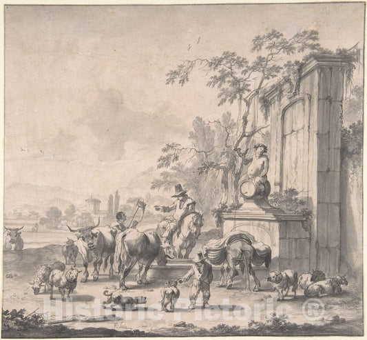 Art Print : Pieter Bout - Landscape with Herdsmen, Sheep and Cows Around a Fountain : Vintage Wall Art