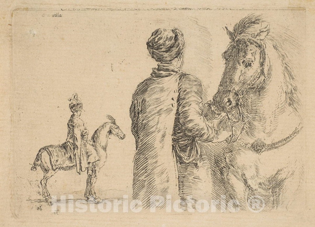 Art Print : Stefano Della Bella - A Polish Groom, from The Back, Holding a Horse by The Bridle : Vintage Wall Art