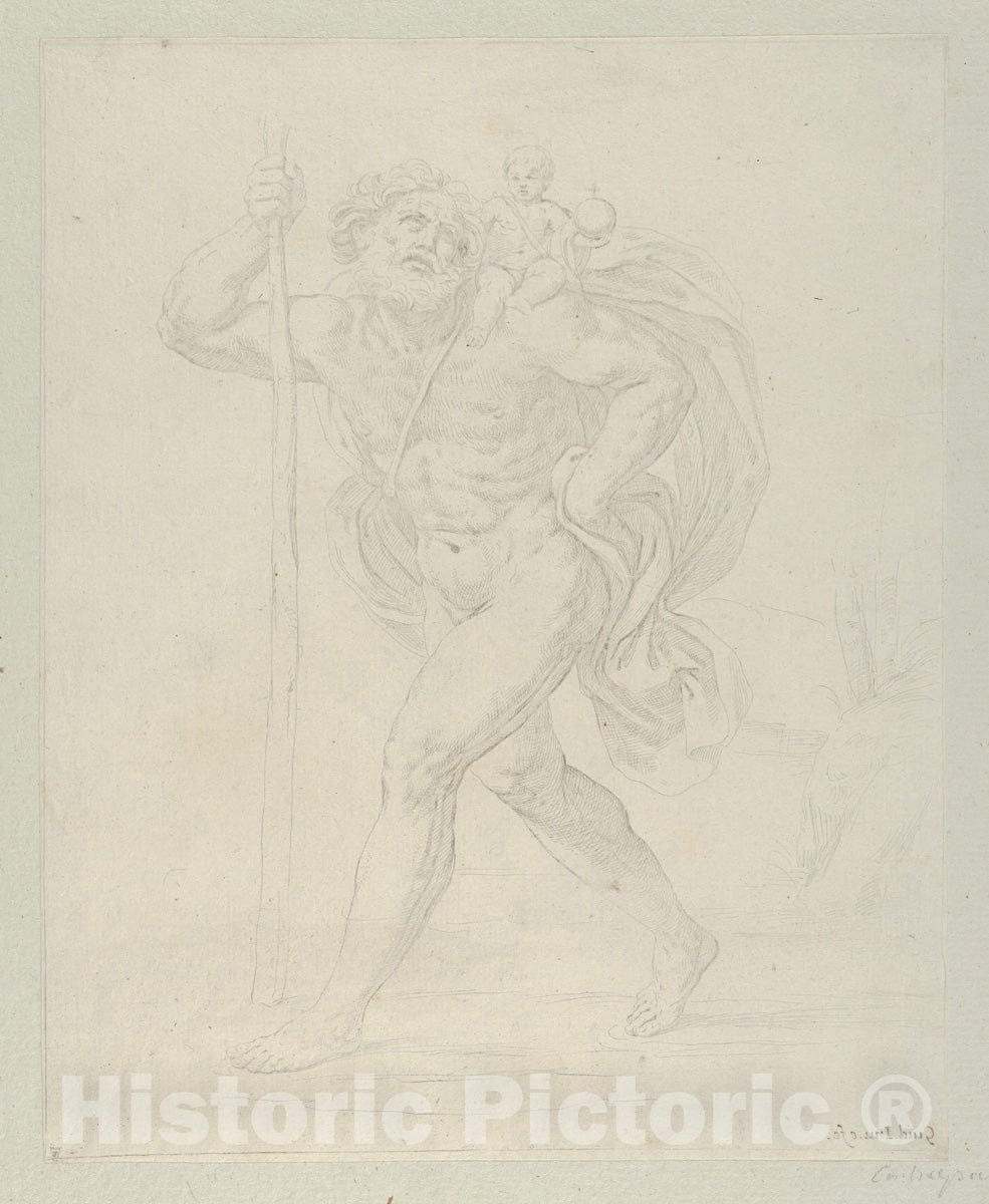 Art Print : Guido Reni - Saint Christopher Walking with The Infant Christ on his Left Shoulder, counterproof : Vintage Wall Art