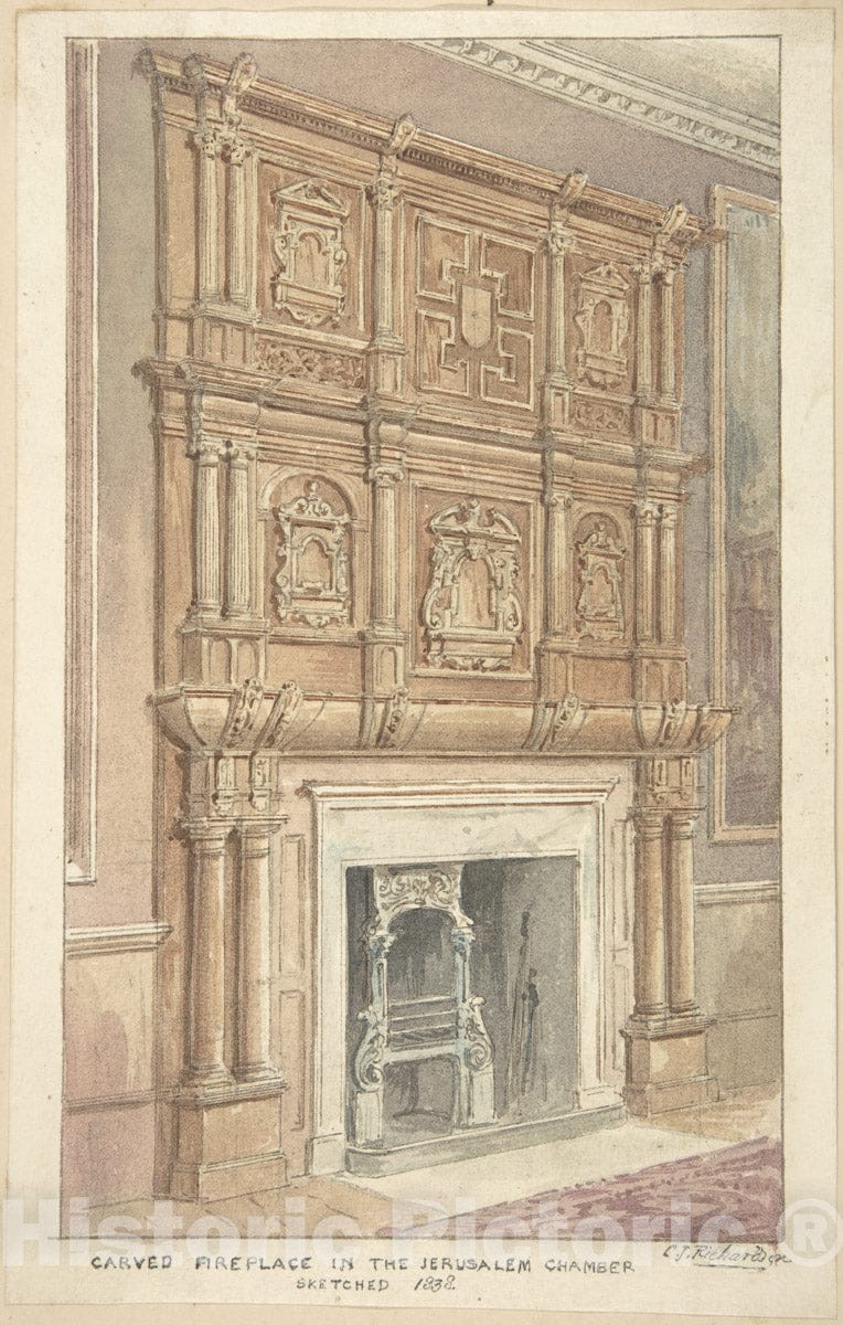 Art Print : Charles James Richardson - Oak Carving from Fireplace in The Jerusalem Chamber, Westminster : Vintage Wall Art