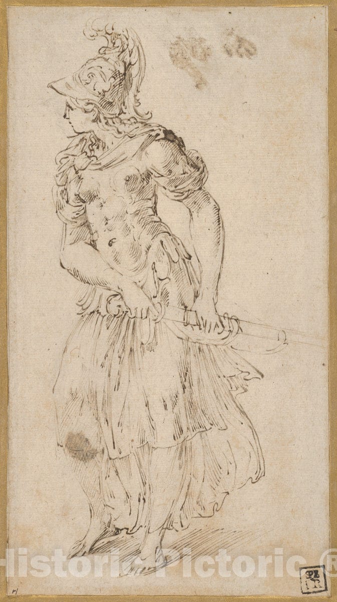 Art Print : Parmigianino (Girolamo Francesco Maria Mazzola) - Standing Female Figure in Armor Drawing Her Sword (Minerva or Bellona) : Vintage Wall Art