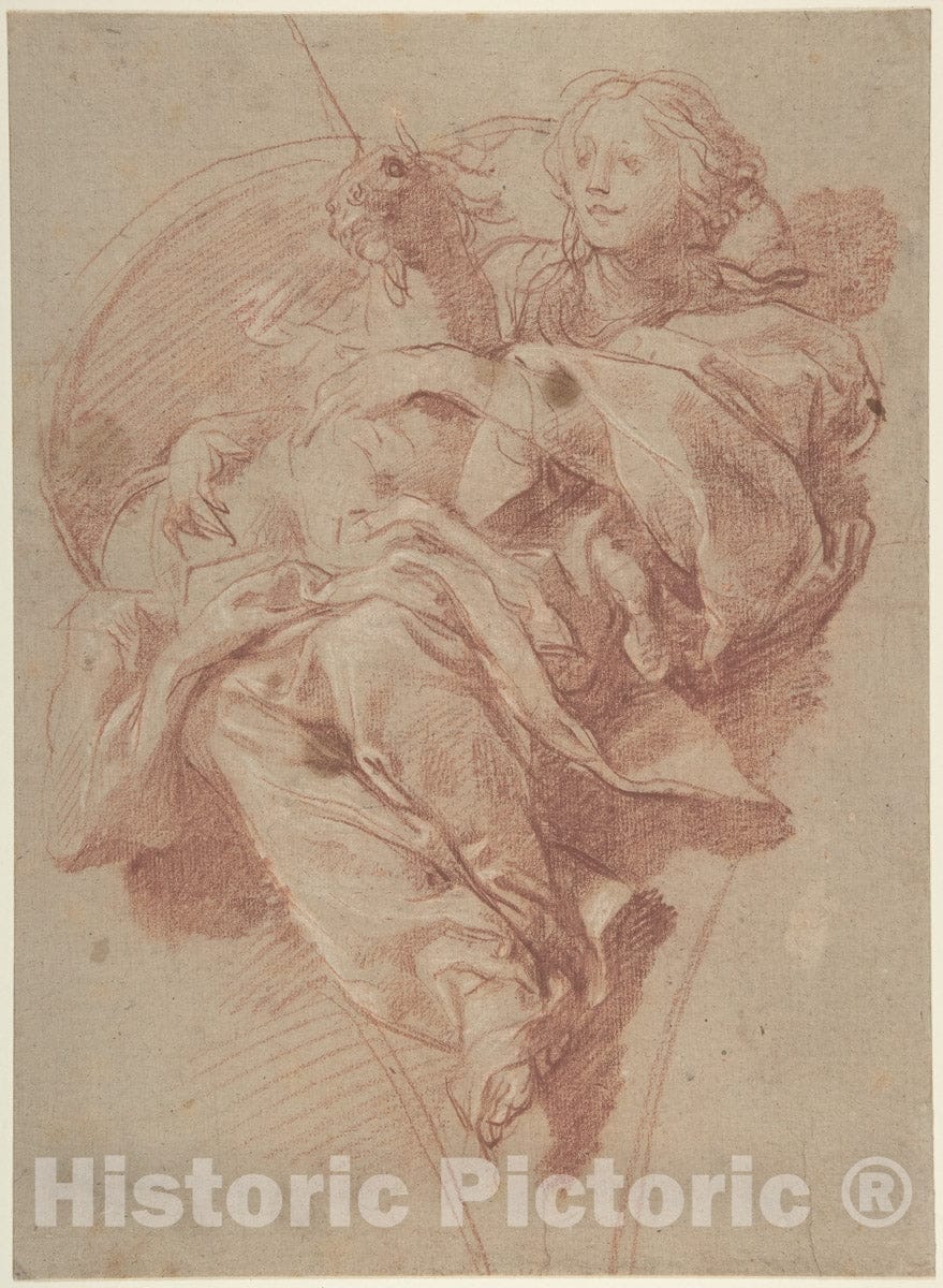 Art Print : Baldassarre Franceschini (il Volterrano) - Allegorical Figure of Purity with a Unicorn (Recto)