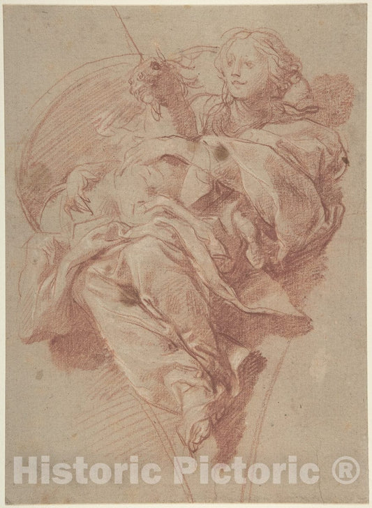 Art Print : Baldassarre Franceschini (il Volterrano) - Allegorical Figure of Purity with a Unicorn (Recto)