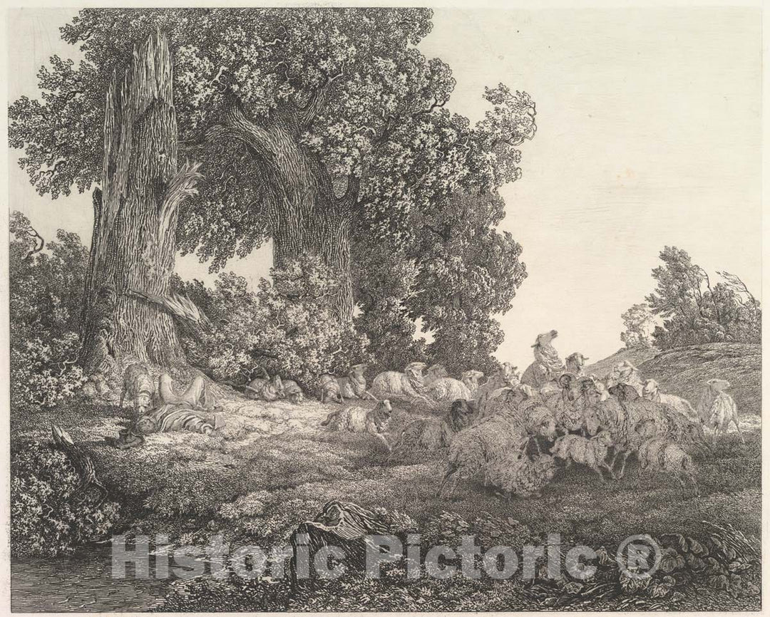 Art Print : Heinrich Theodor Wehle - Ideal Landscape with Sleeping Shepherd and Sheep : Vintage Wall Art