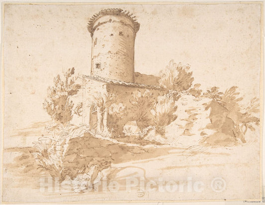 Art Print : Italian, Roman-Bolognese, 17th Century - Landscape with Cylindrical Tower : Vintage Wall Art