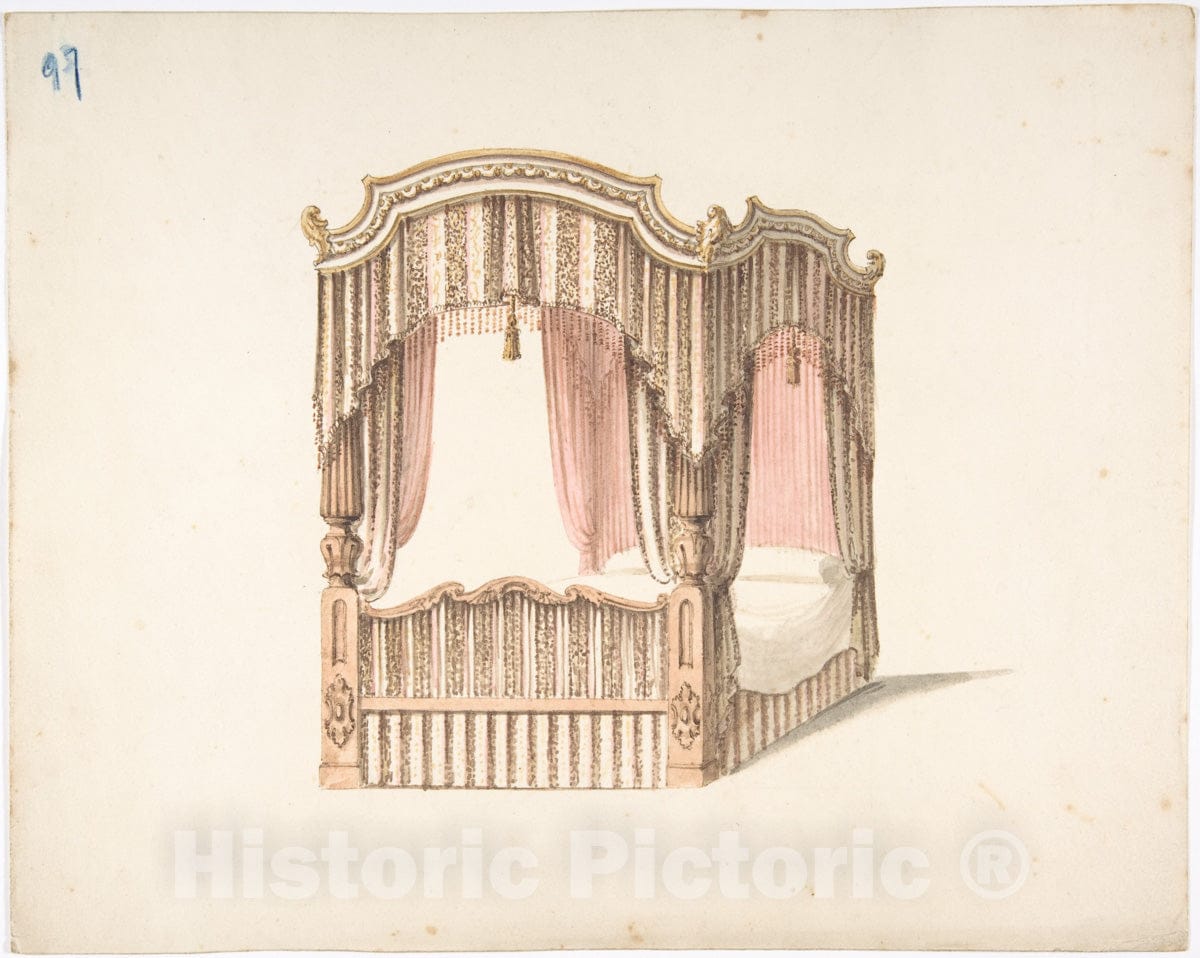 Art Print : British, 19th Century - Design for a Curtained Four Poster Bed with Brown, Pink and White Striped Curtains : Vintage Wall Art