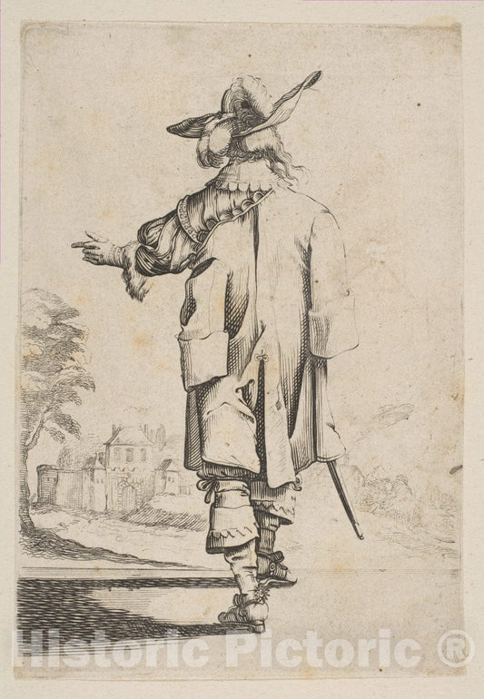 Art Print : Anonymous, French, 17th Century - Gentleman Seen from The Back Pointing Towards a Chateau : Vintage Wall Art