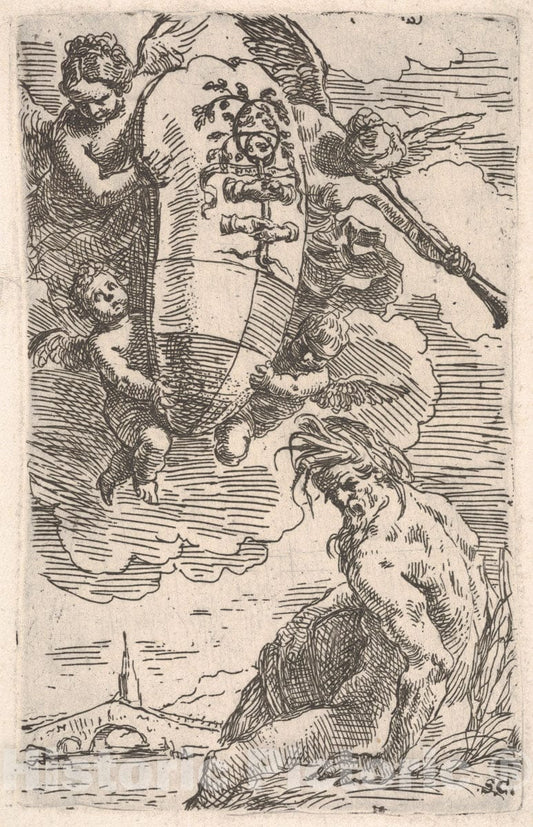 Art Print : Simone Cantarini - Allegory of The Foglia River and The City of Pesaro's Coat of arms, Frontispiece for 'Il Pesarese' : Vintage Wall Art