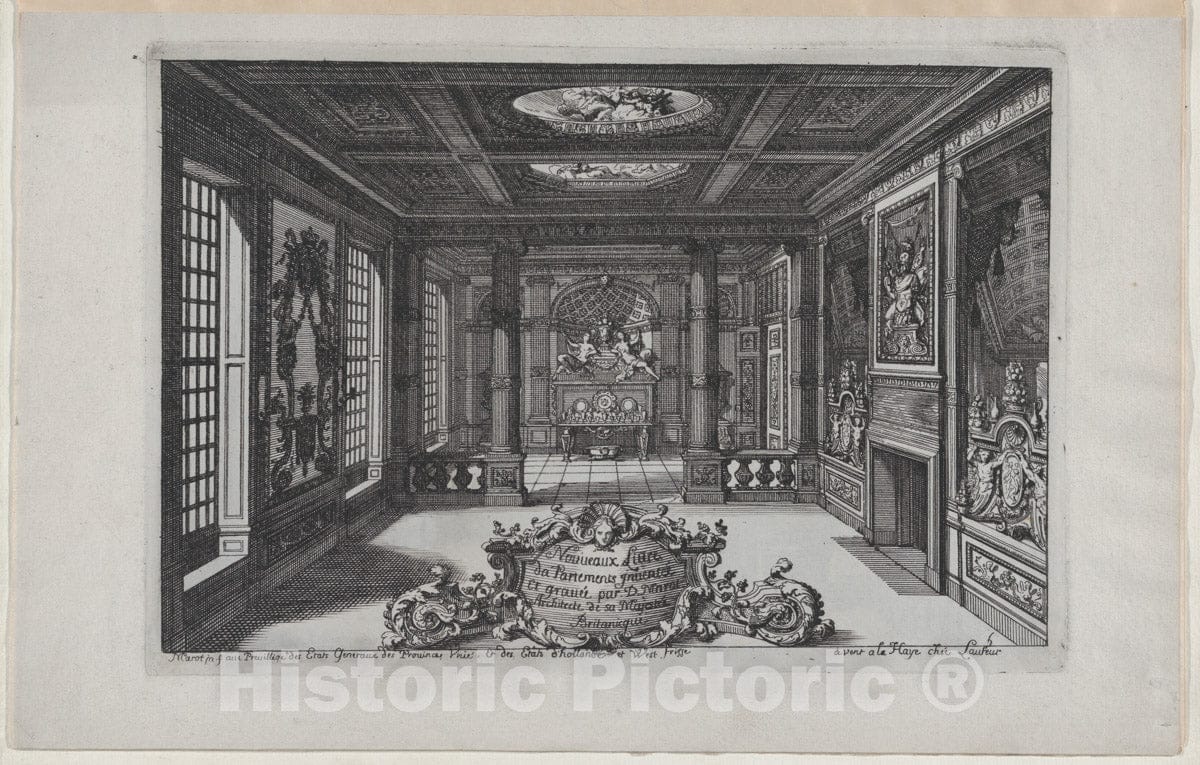 Art Print : Daniel Marot The Elder - Title Plate with a Cartouche Set in a Lavish Interior, from Nouveaux Liure da Partements, Part of Œuvres du Sr. D. Marot : Vintage Wall Art