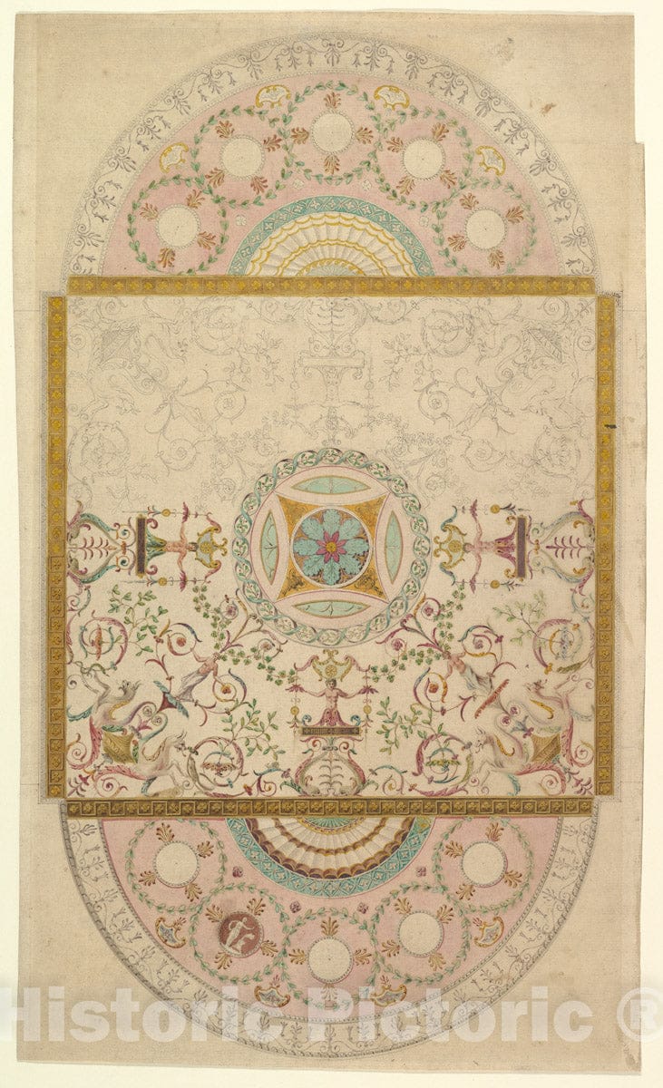 Art Print : Design for a Ceiling with Square Central Compartment and Semicircular Ends - Artist: Robert Adam - Created: 18th Century : Vintage Wall Art