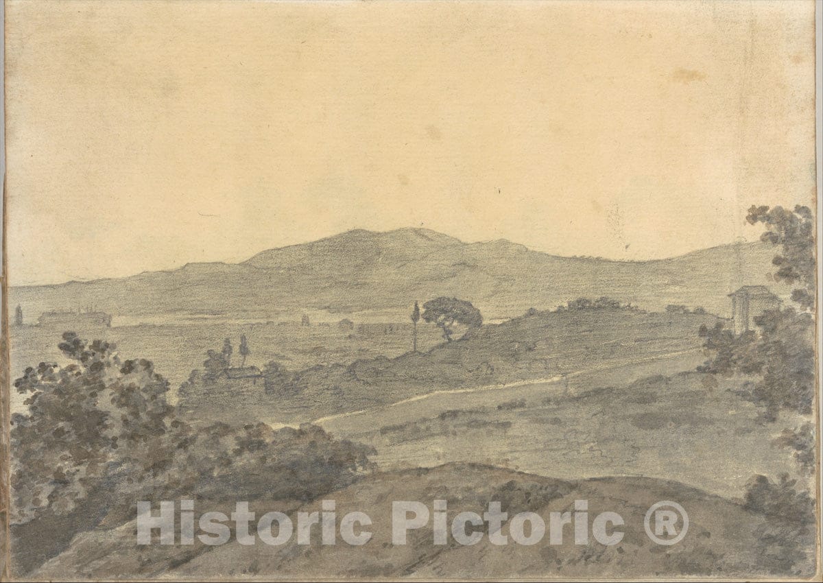 Art Print : Joseph Wright (Wright of Derby) - Landscape with Distant Buildings (Smaller Italian Sketchbook, Leaf 28 Recto) : Vintage Wall Art