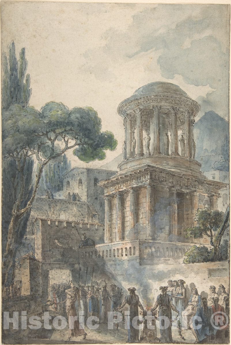 Art Print : Louis Félix de La Rue  - Sacrificial Scene in front of the Tomb of Mammia at Pompeii : Vintage Wall Art