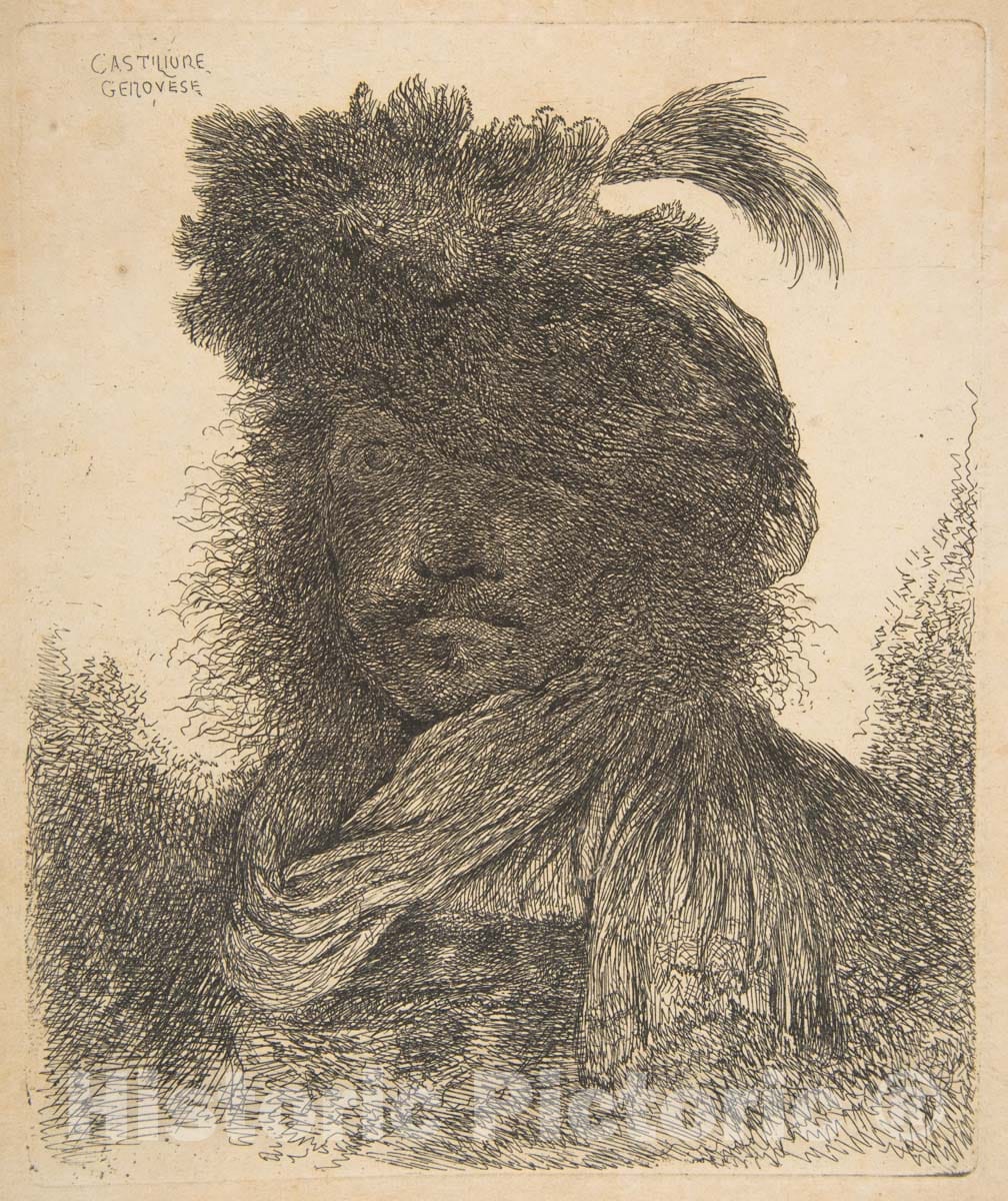Art Print : Giovanni Benedetto Castiglione (Il Grechetto) - Head of a Man Plunged in Shadow 1 : Vintage Wall Art