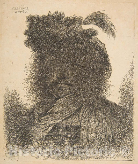 Art Print : Giovanni Benedetto Castiglione (Il Grechetto) - Head of a Man Plunged in Shadow 1 : Vintage Wall Art