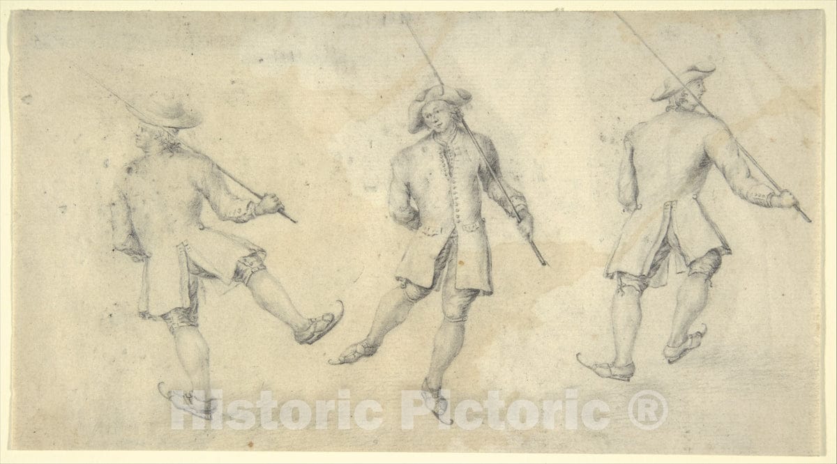 Art Print : Dutch, 18th Century - Study of Three Figures Skating : Vintage Wall Art