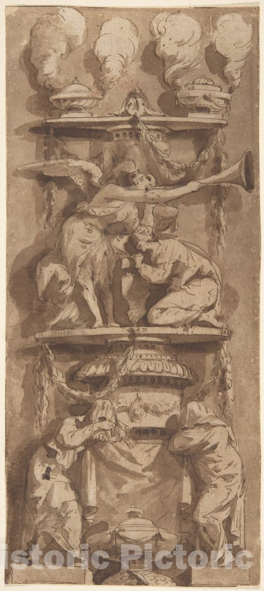 Art Print : Italian, First Half of The 18th Century - Design for a Funerary Monument or Epitaph with Mourning Figures : Vintage Wall Art