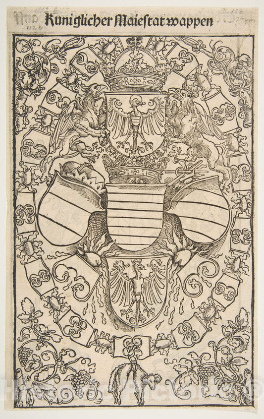 Art Print : Dürer-School - Coat of Arms of Maximilian I as King of The Romans from Reuelationes sancte Birgitte : Vintage Wall Art
