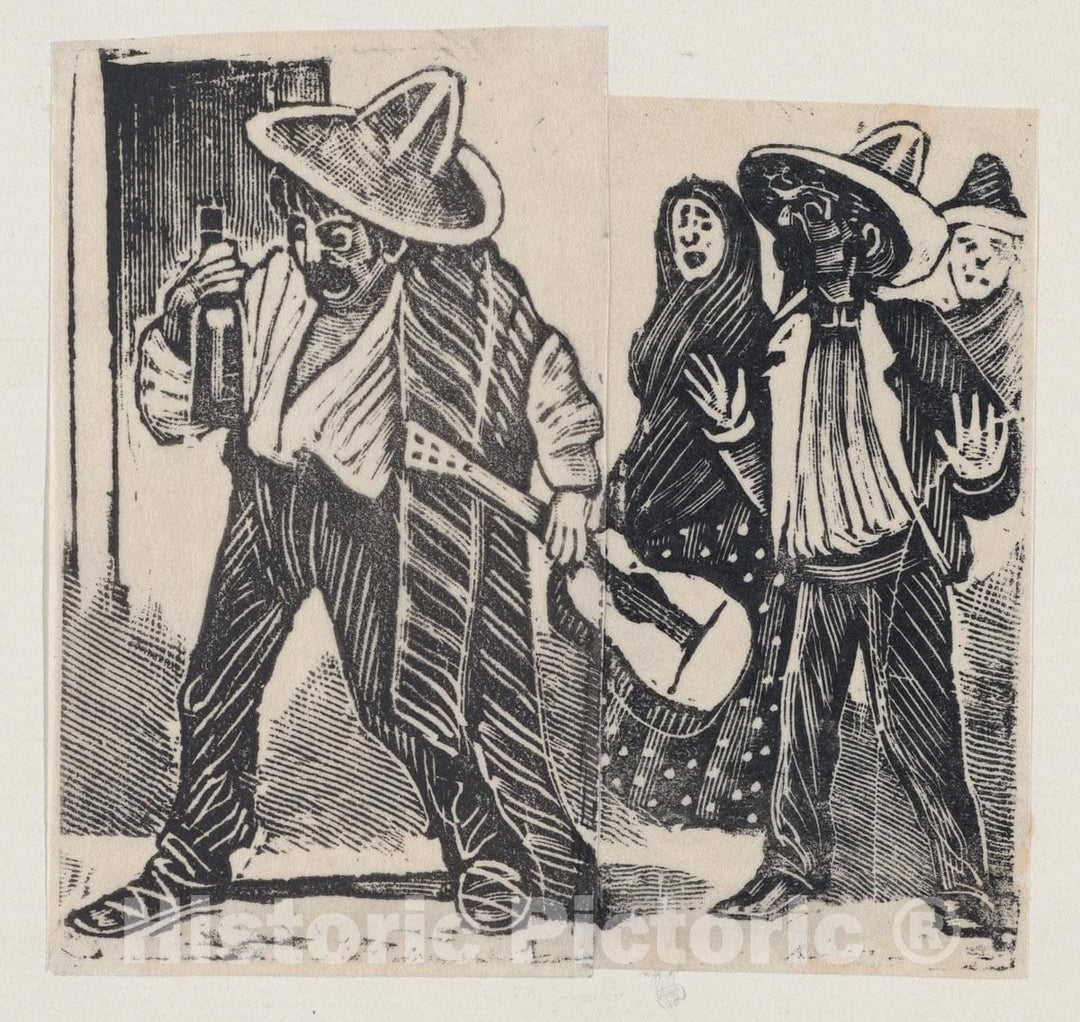 Art Print : A Man Holding a Bottle and Guitar and Another Man with Both Hands Raised - Artist: Jose Guadalupe Posada - Created: c1880 : Vintage Wall Art