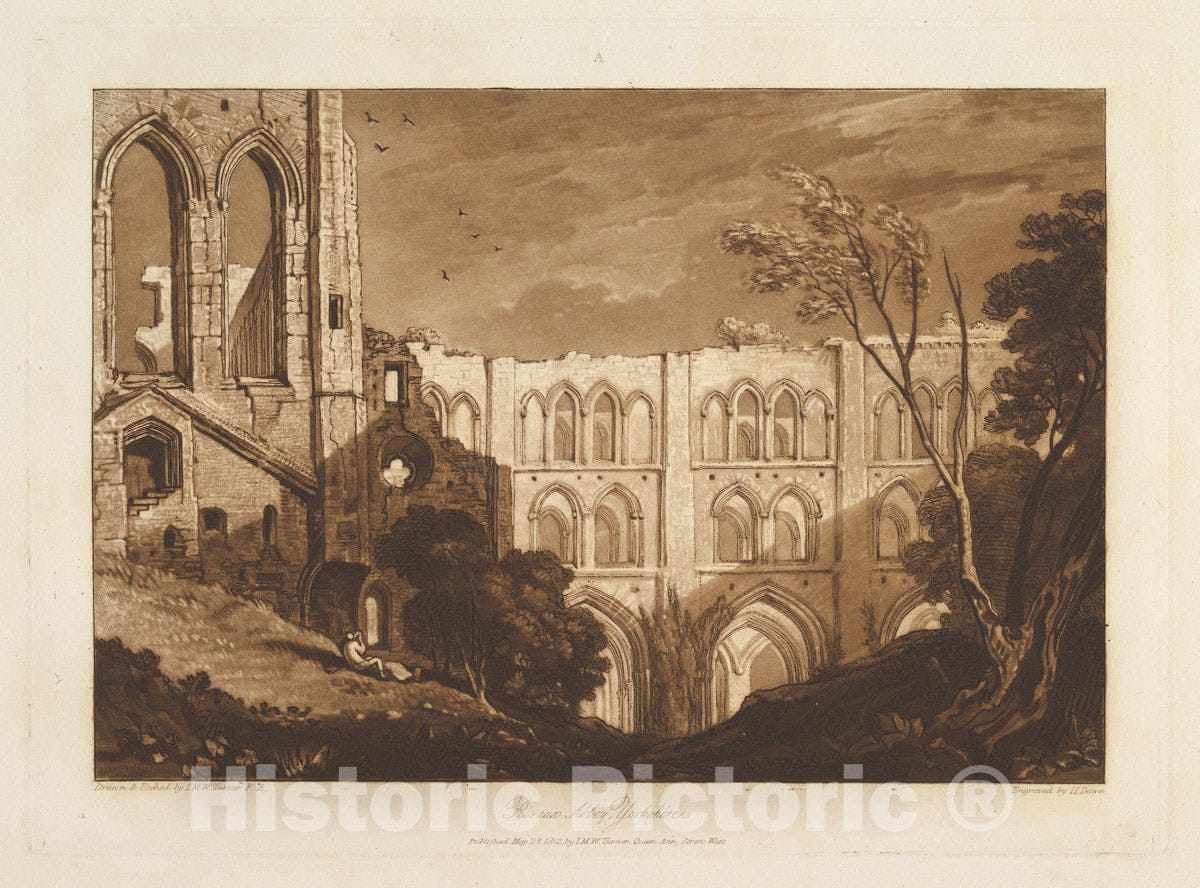 Art Print : Drawn and Etched by Joseph Mallord William Turner - Rivaux Abbey, Yorkshire (Liber Studiorum, Part X, Plate 51) : Vintage Wall Art
