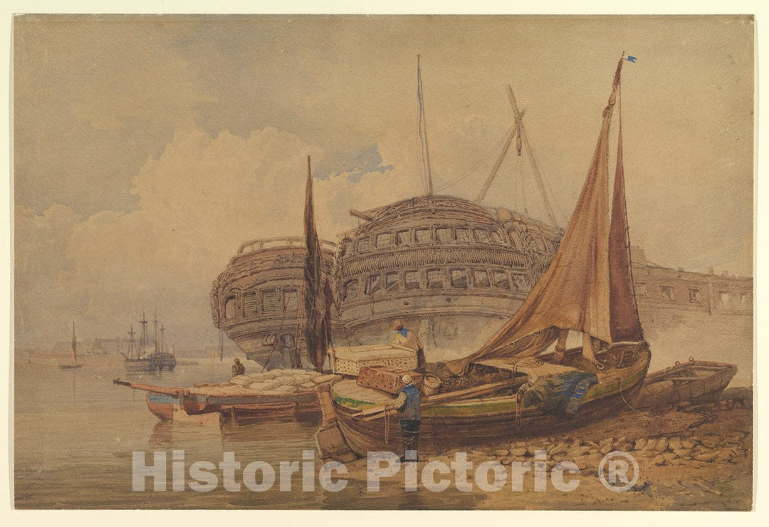 Art Print : Samuel Prout - Coastal Scene with Beached Boats in Foreground : Vintage Wall Art