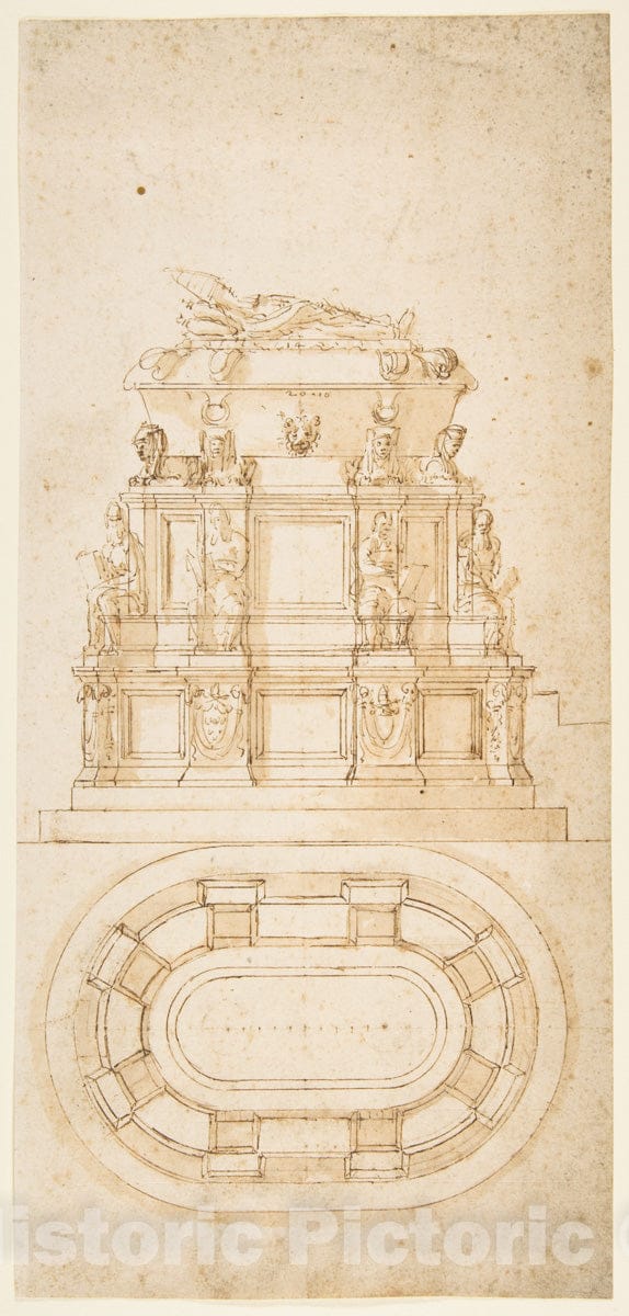 Art Print : Antonio da Sangallo, The Younger - Design for a Freestanding Tomb Seen in Elevation and Plan : Vintage Wall Art