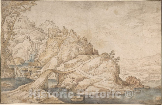 Art Print : Joos de Momper The Younger - Hilly Landscape with River, Bridge and Houses with Two Figures at Left : Vintage Wall Art