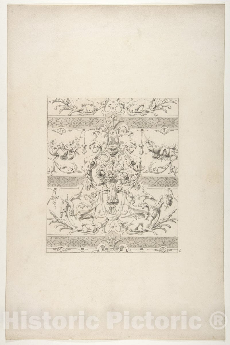 Art Print : Jules-Edmond-Charles Lachaise - Design for a Decorative Motif Featuring Griffins and swags of Fruit : Vintage Wall Art