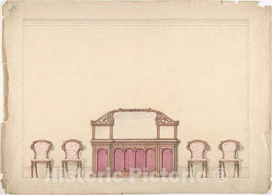 Art Print : British, 19th Century - Design for a Mirrored Cabinet and Four Chairs 1 : Vintage Wall Art
