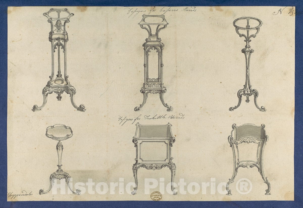 Art Print : Thomas Chippendale - Designs for Basin Stands and Teakettle Stands, in Chippendale Drawings, Vol. I : Vintage Wall Art