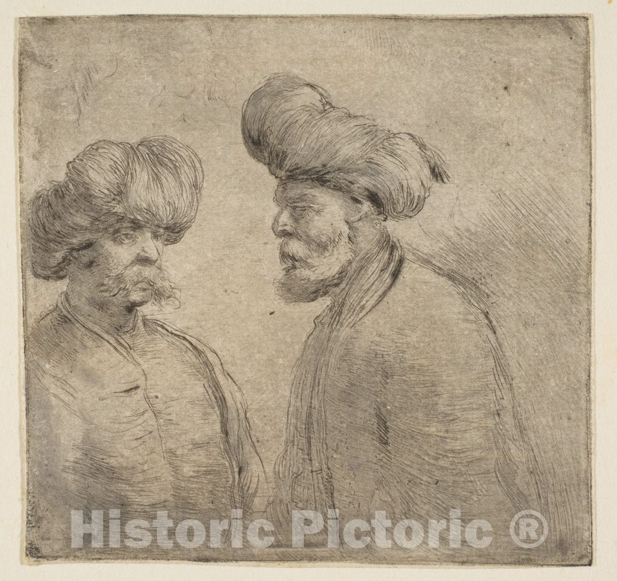 Art Print : Etched by Stefano Della Bella - Two Turks in Turbans : Vintage Wall Art