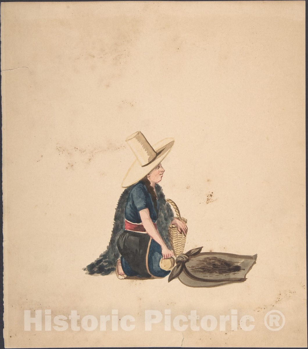 Art Print : Peruvian, 19th Century - A Woman Kneeling Selling Produce : Vintage Wall Art