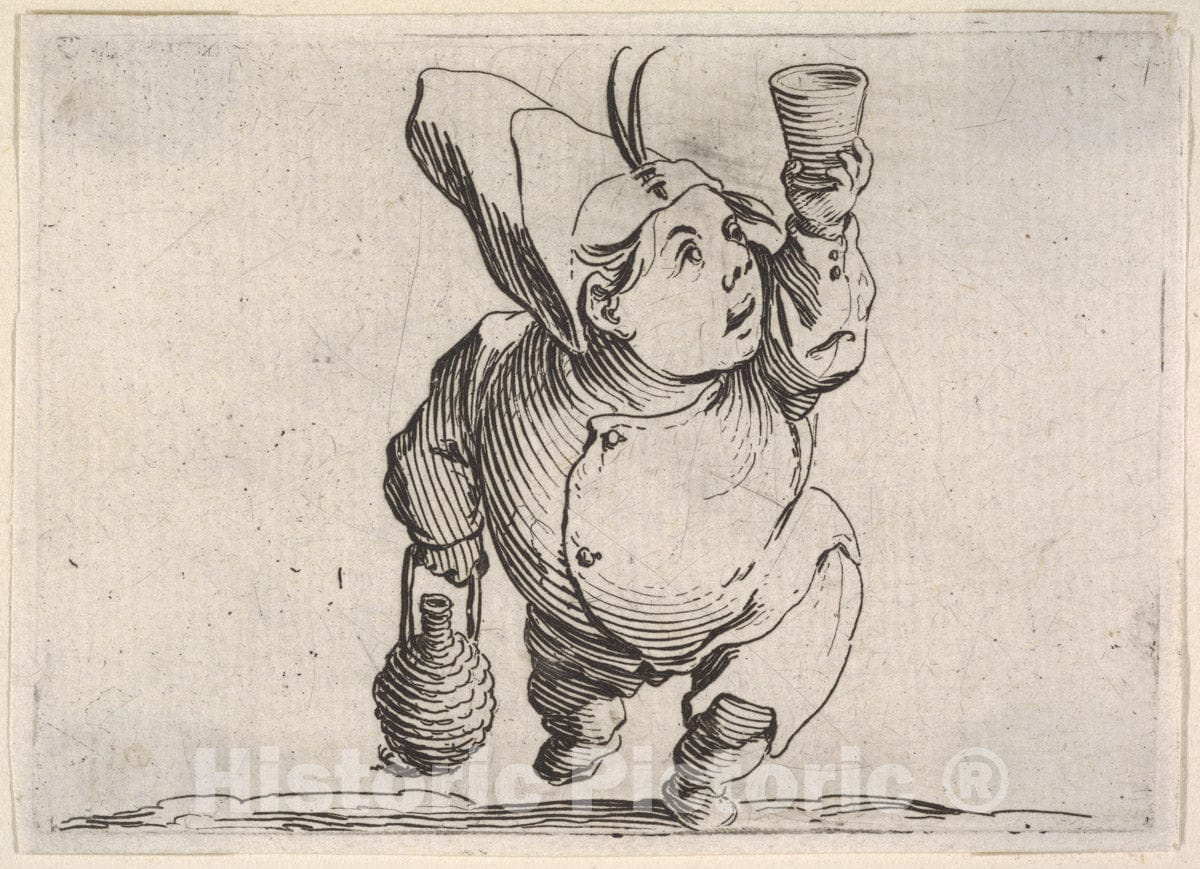 Art Print : Small Male Figure in Feathered Cap - Artist: Jacques Callot - Created: c1621 : Vintage Wall Art