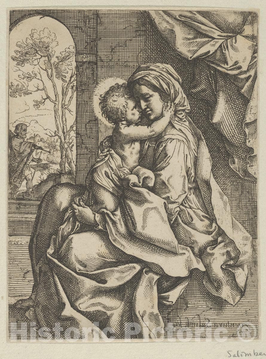 Art Print : Ventura Salimbeni - The Virgin Seated with The Christ Child on her Lap embracing her, Joseph seen Through an Archway at Left, After Reni : Vintage Wall Art