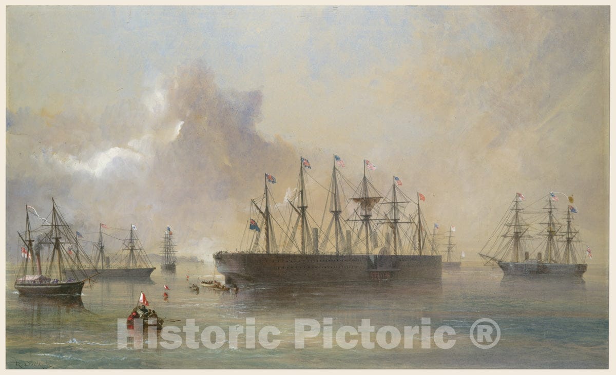 Art Print : The Atlantic Telegraph Cable Fleet Assembled at Berehaven - Artist: Robert Charles Dudley - Created: 1866 : Vintage Wall Art