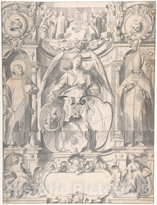 Art Print : Johann Heiss - Design for a Stained Glass Window or Frontispiece with The Arms of a Cleric : Vintage Wall Art