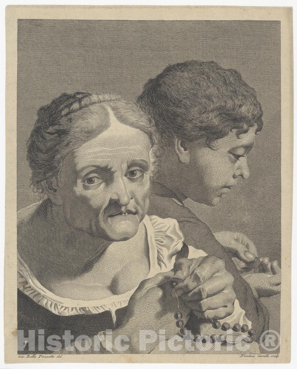 Art Print : Copy in Reverse of an Old Woman with a Rosary and a boy Counting Coins - Artist: Niccolò Cavalli - Created: c1750 : Vintage Wall Art