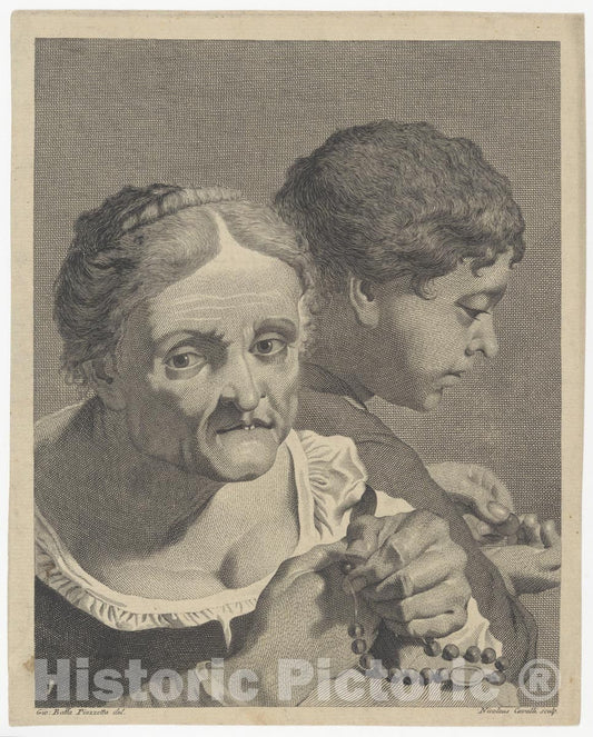 Art Print : Copy in Reverse of an Old Woman with a Rosary and a boy Counting Coins - Artist: Niccolò Cavalli - Created: c1750 : Vintage Wall Art