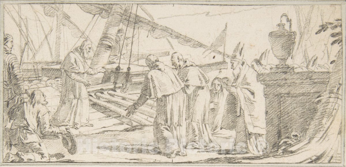 Art Print : Giovanni Battista Tiepolo - Illustration for a Book: Bishops and Monks Being Received at a Ship by a Venerable Dignitary : Vintage Wall Art