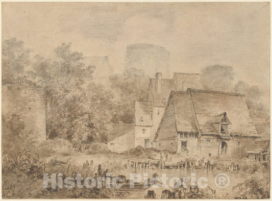Art Print : Jean Honoré Fragonard - Farm Buildings Beside a Waterway : Vintage Wall Art