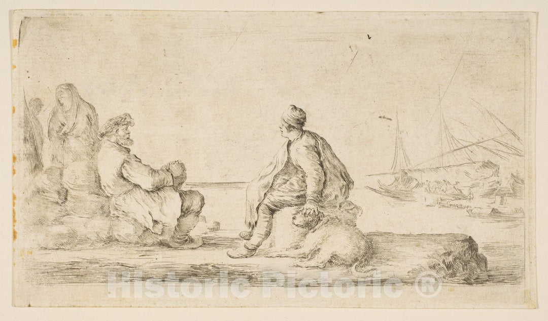 Art Print : Stefano Della Bella - A Young Sailor and an Old Man Sitting by The sea : Vintage Wall Art