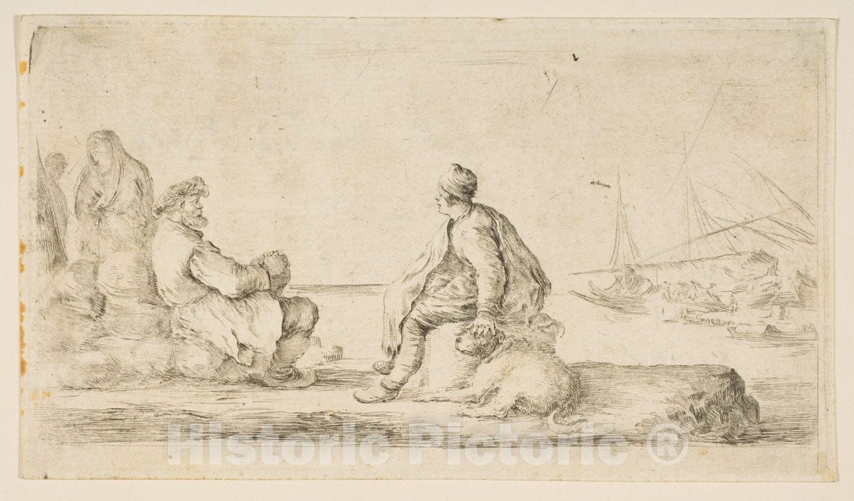 Art Print : Stefano Della Bella - A Young Sailor and an Old Man Sitting by The sea : Vintage Wall Art