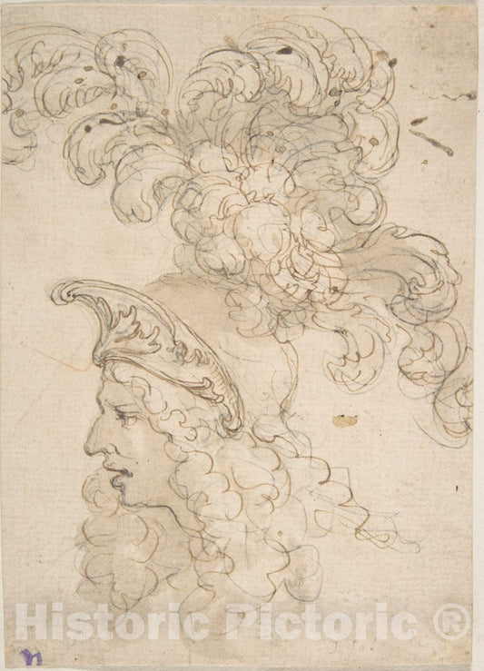 Art Print : Giovanni Battista Foggini - Design for a Helmet with an Elaborate Plume : Vintage Wall Art