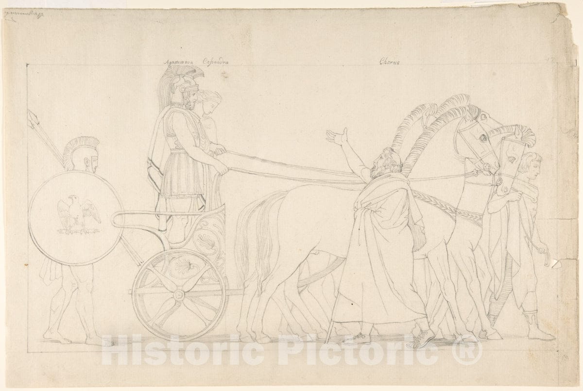 Art Print : After John Flaxman - Composition from The Tragedies of Aeschylus, Plate 17 (Recto); Goddess Statue from The Suppliants, Plate 7 (Verso) : Vintage Wall Art