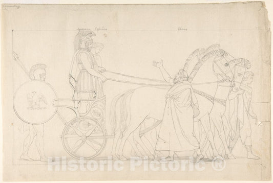 Art Print : After John Flaxman - Composition from The Tragedies of Aeschylus, Plate 17 (Recto); Goddess Statue from The Suppliants, Plate 7 (Verso) : Vintage Wall Art