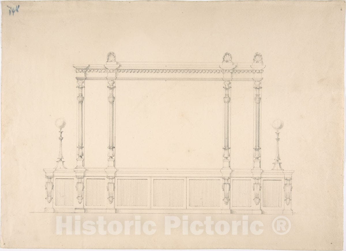 Art Print : British, 19th Century - Design for a Very Large Cabinet, with Renaissance Ornament and Lamps : Vintage Wall Art
